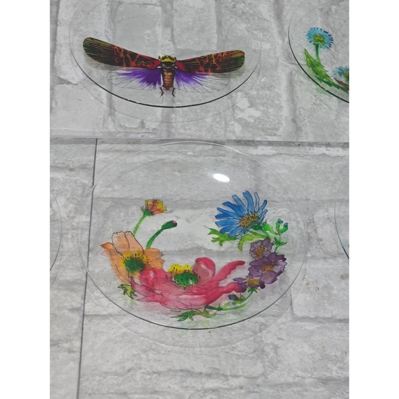Hand painted Signed Glass‎ Salad Dessert Plates Reverse Floral Entomologist - Picture 4 of 16